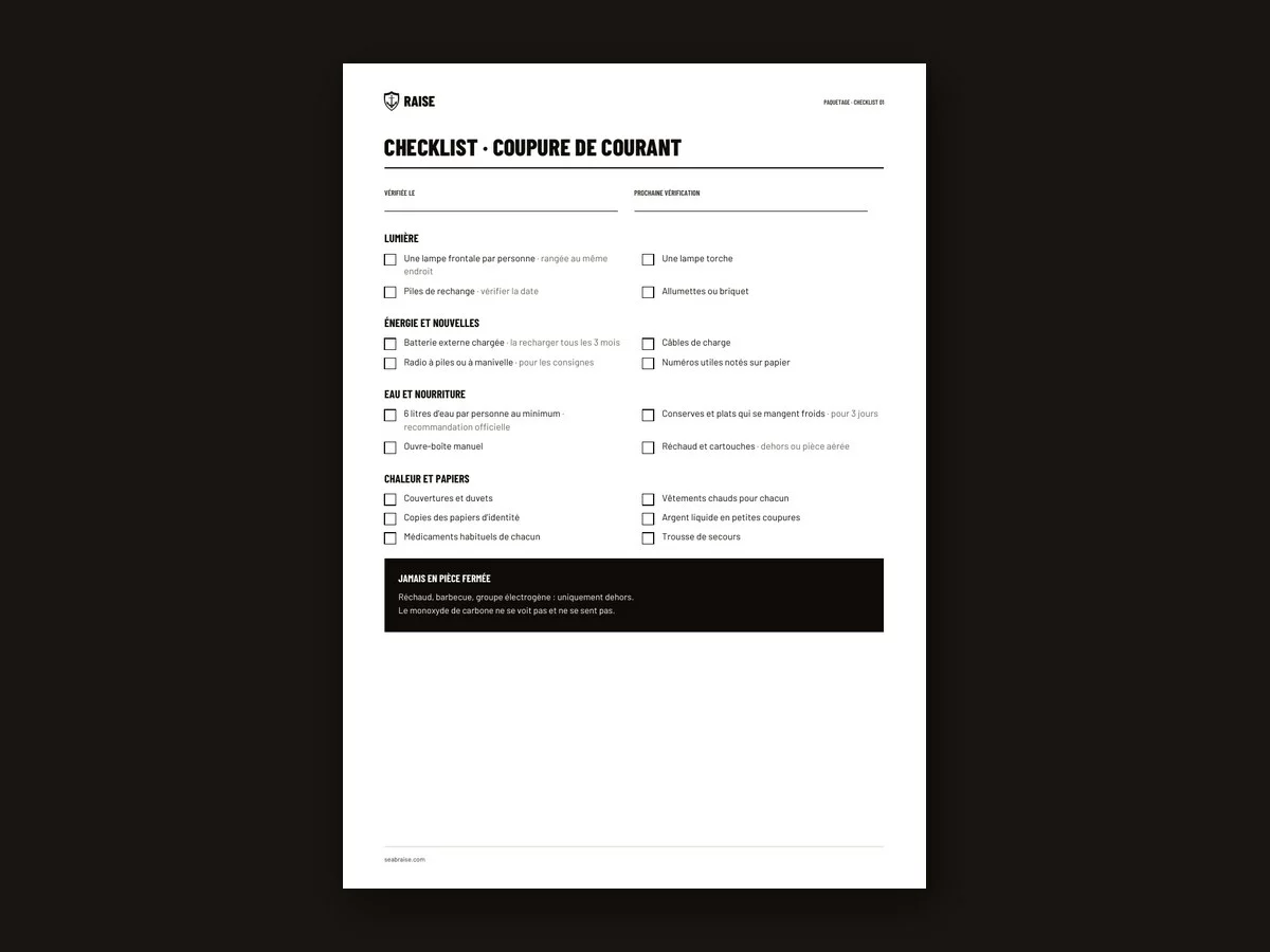 Aperçu : Checklist · Coupure de courant