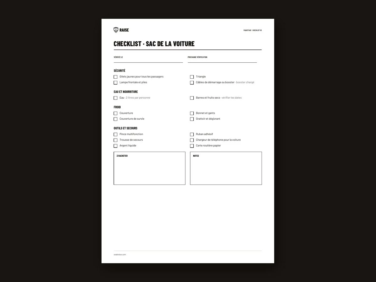 Aperçu : Checklist · Sac de la voiture
