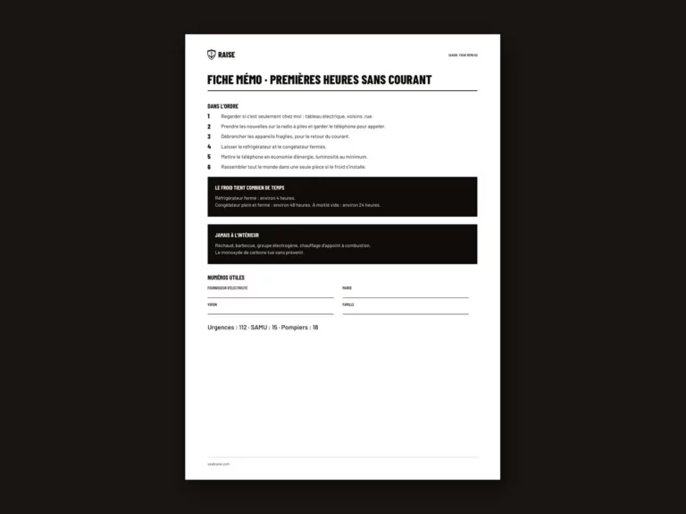 Aperçu : Fiche mémo · Les premières heures sans courant