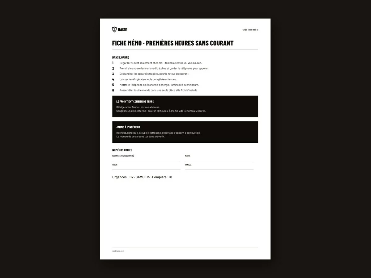 Aperçu : Fiche mémo · Les premières heures sans courant
