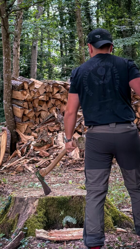 Fendre du bois en forêt, hache à la main devant le tas de bûches